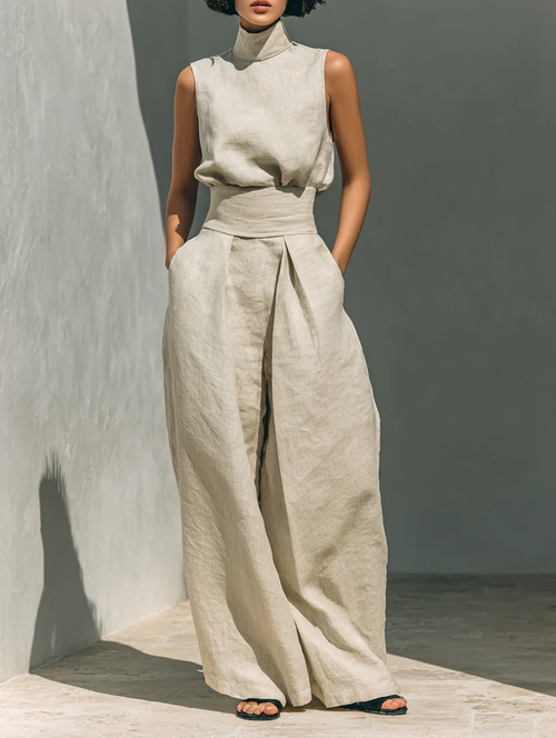 Aurora | Set consisting of a sleeveless beige top in a cotton-linen blend and wide-leg pants